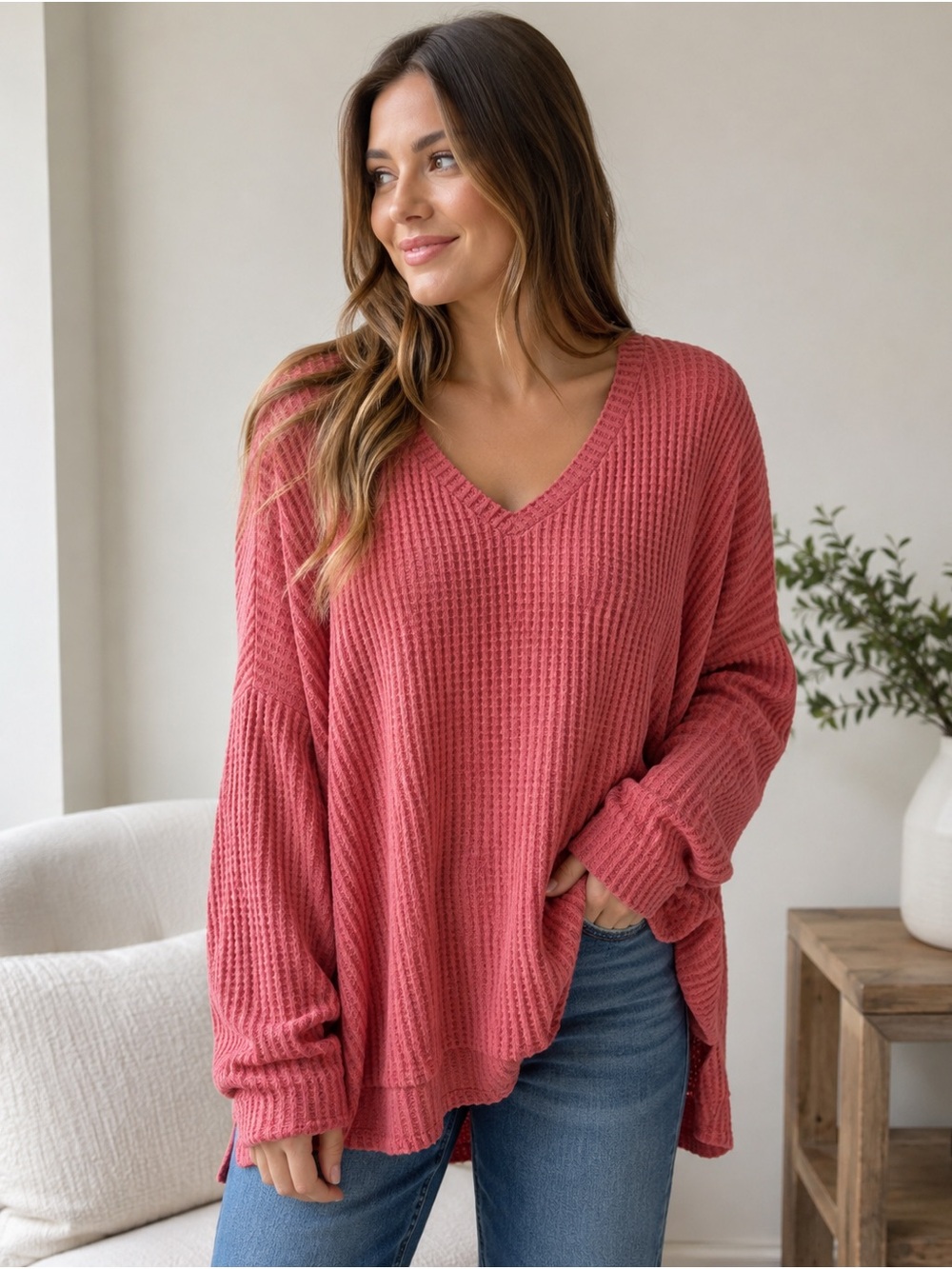 Zenana Women's V-Neck Waffle Knit Sweater in Rose boho soft girl XL cozy casual